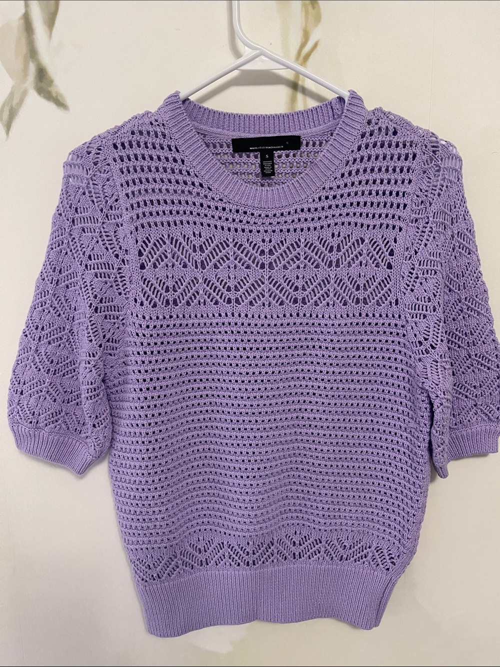 White House Black Market Lilac Puff Sleeve Pointelle Open Knit Sweater - Picture 8 of 9